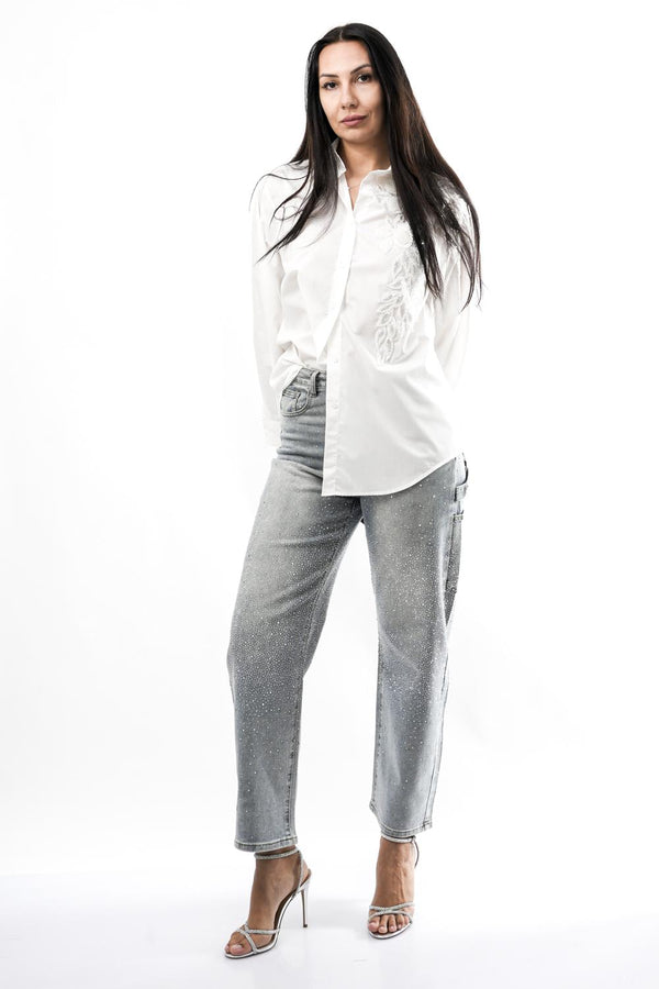 Anna Rock Milano CAMICIA FIORE PAILETTESBIANCO
